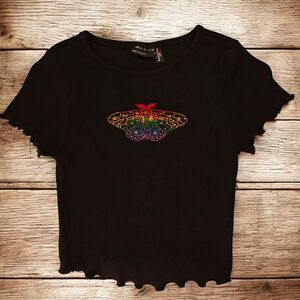 Hand Embroidered Psychedelic Rainbow Butterfly Moth Crop Top Topshop Size 4P